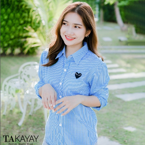 takayay brand เสื้อเชิ้ต สก๊อตฟ้าเล็กใจดำ 36-50 นิ้ว เสื้อเชิ้ตสีพาสเทล ผ้าคอตตอนทวิล