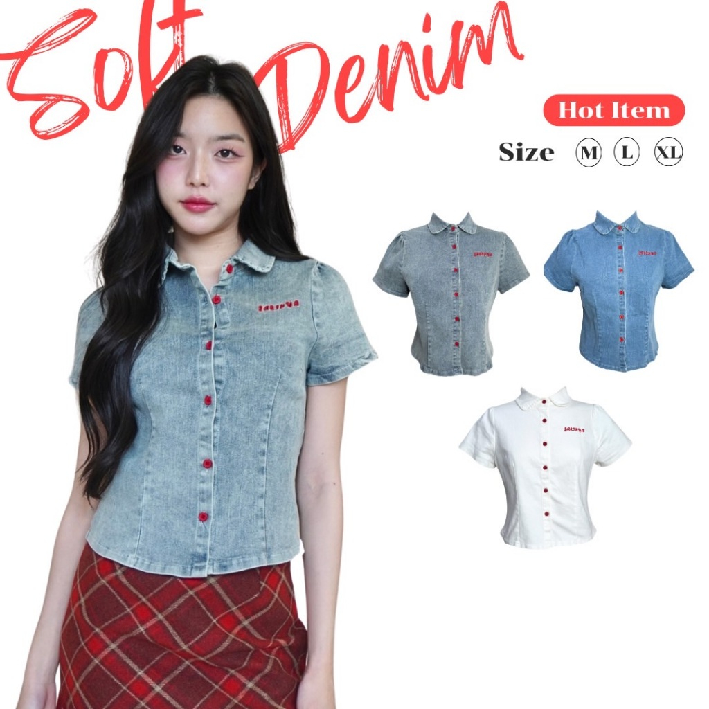 JARINYA เสื้อยีนส์ผ้ายืด แขนตุ๊กตา แต่งกระดุมแดงปัก Jarinya