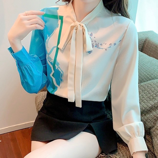 (B70-B72) เสื้อคอโบว์ผูก เบลาส์แขนยาว ลายกราฟฟิก ใส่ทำงานออฟฟิศ สไตล์เกาหลีเกาใจ