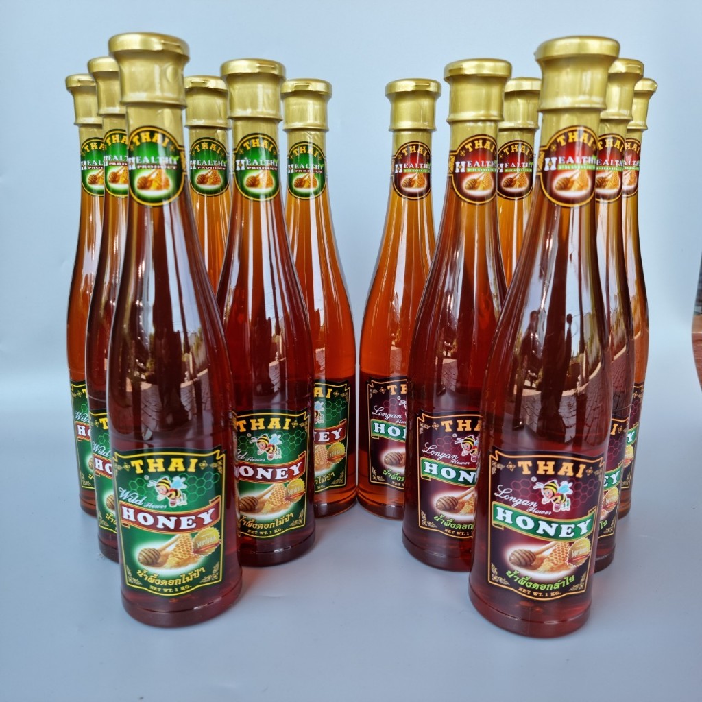 THAI HONEY (ไทยฮันนี่) น้ำผึ้งดอกไม้ป่า น้ำผึ้งดอกลำไย ขนาด 1000 กรัม จำนวน 1 ลัง(12ขวด)
