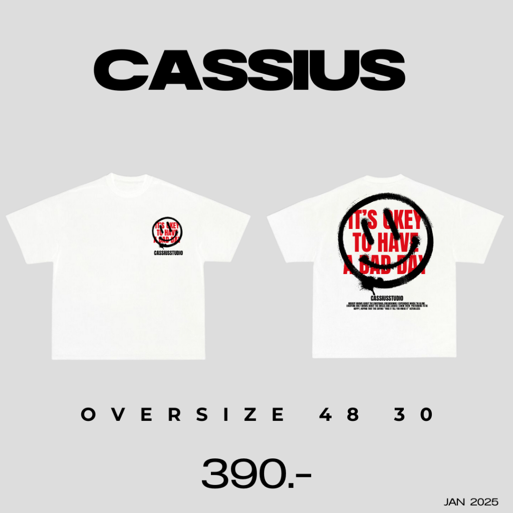 CASSIUS PREMIUM COTTON 100% OVERSIZE สกรีนลาย พรีเมี่ยม ยิ้มดำตัวหนังสือแดง ขาว