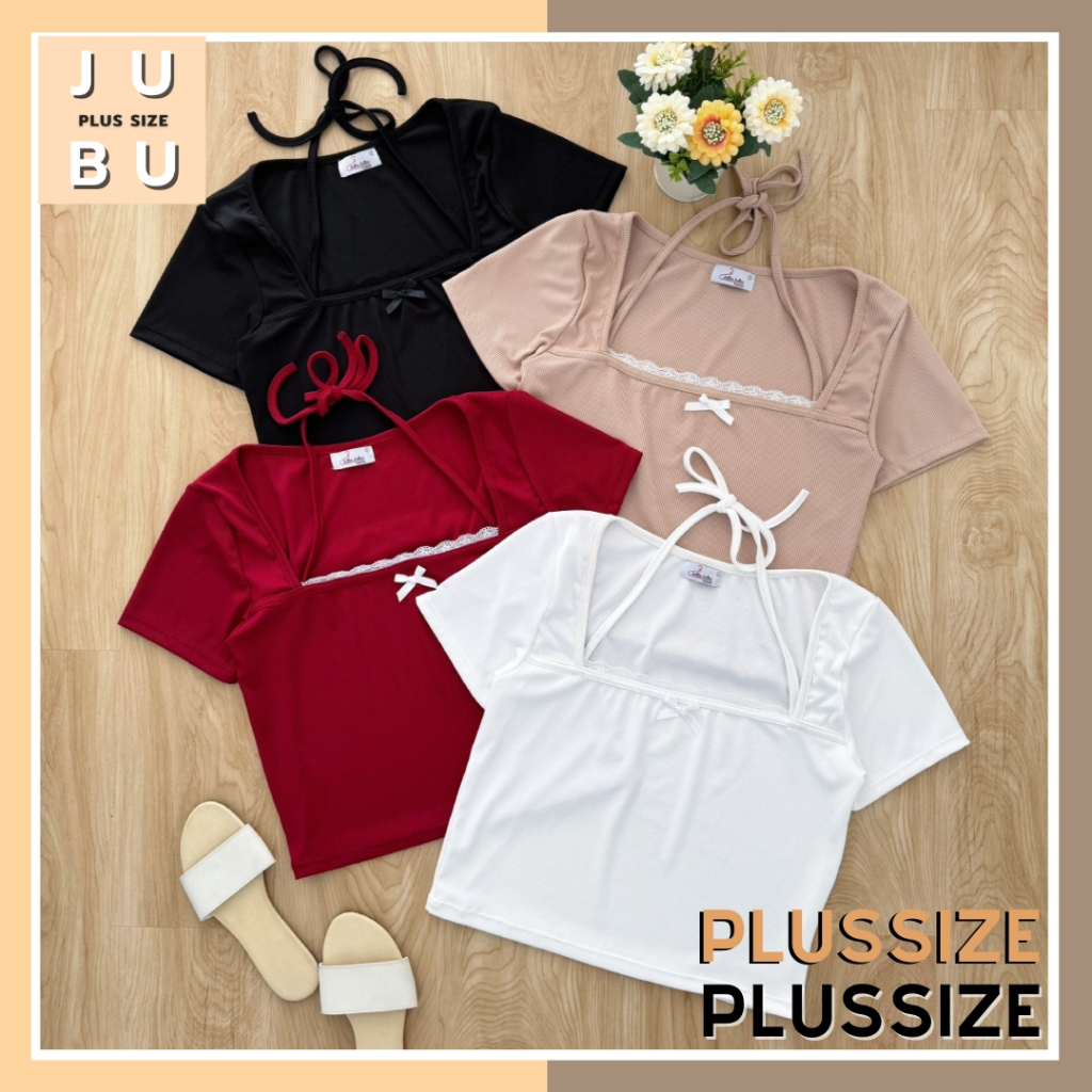 พร้อมส่ง เสื้อครอปคอเหลี่ยม คล้องคอ แต่งลูกไม้น่ารักๆ ผ้าร่อง สาวอวบ อก35-46นิ้ว#571