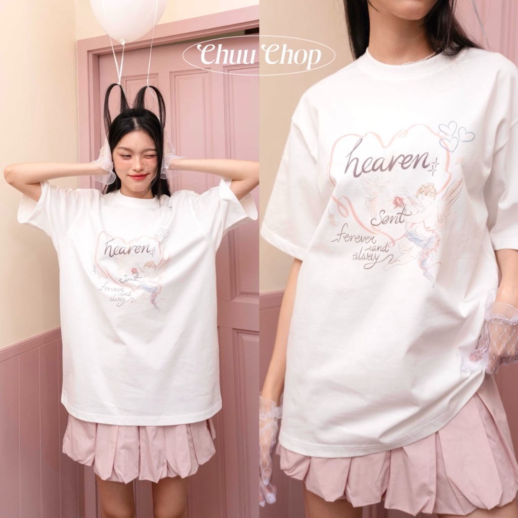 15.2ใช้โค้ด(30WOW200)ลดสูงสุด200.-chuuchop(C8374)Cupid to Heaven Tee เสื้อยืดทรง Oversize ผ้านุ่ม