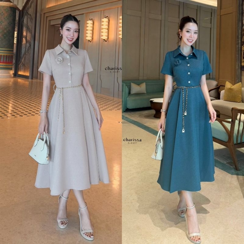 Charissa ชุดเดรสยาวคอปกแขนสั้นแต่งกระดุมหน้า