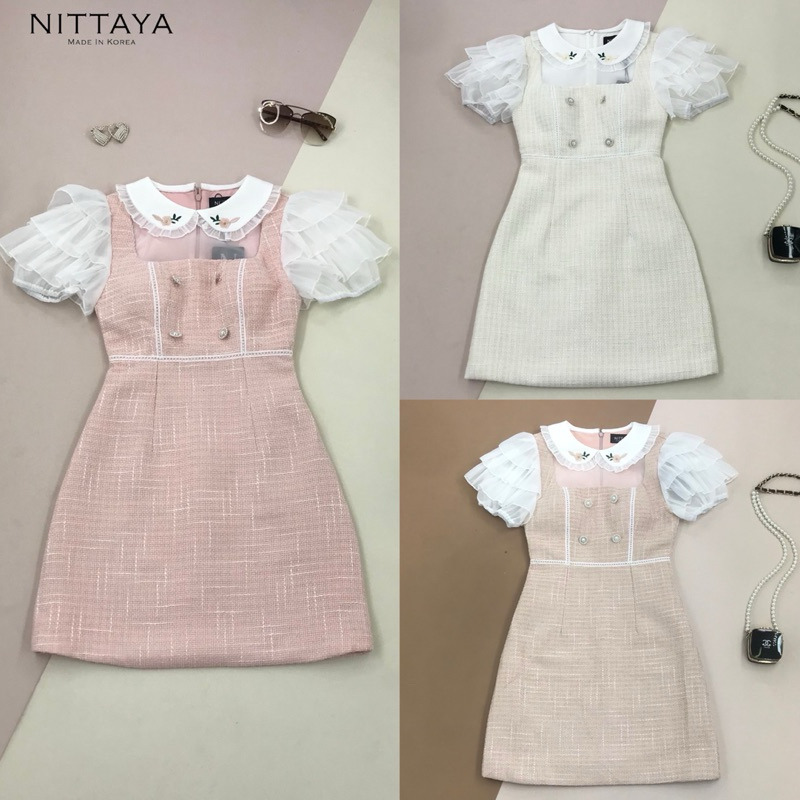 [NITTAYA] D2549 ชุดเดรสกระโปรงคอบัวปักดอกไม้แขนระบายดีเทลแต่งกระดุมไข่มุกซิปซ่อนด้านหลัง สวยหรูหวานละมุนลูกคุณมาก