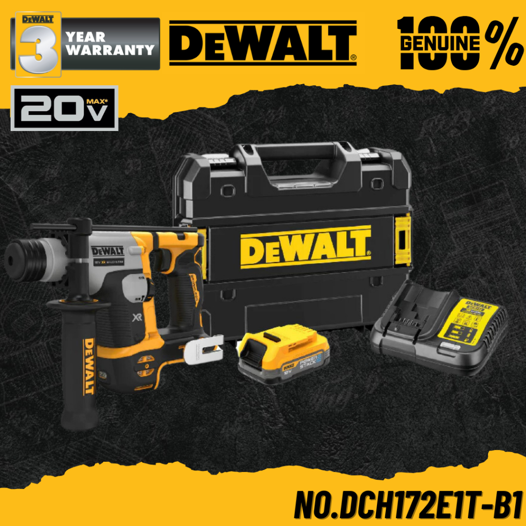 DEWALT สว่านโรตารี่ไร้สาย SDS-Plus 16มม. พร้อมแบตเตอรี่ Powerstack กล่อง TSTAK No.DCH172E1T-B1