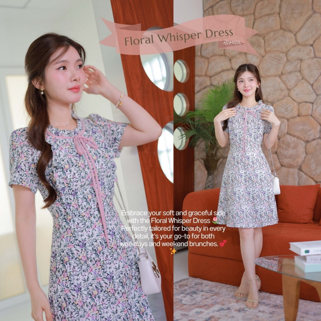 Romi"Oil" Floral Whisper Dress G496 ชุดเดรสสีครีม (ระบายอกผูกคอลายดอก)(ป้ายแบรนด์ Puffy Peach)