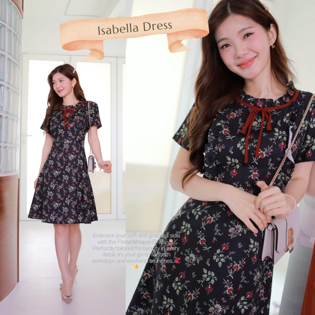 Romi"Oil" Isabella Dress J505 ชุดเดรสสีดำ (ระบายอกผูกคอลายดอก)(แนะนำตรวจสอบไซส์ก่อนสั่งนะคะ)