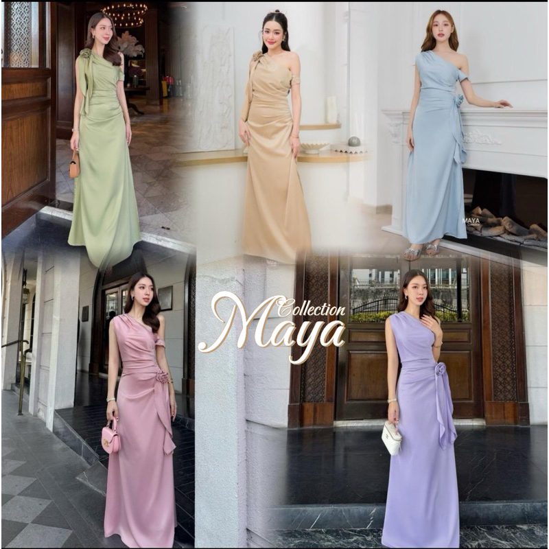 ชุดออกงาน เดรสไปงาน G121 มีสีฟ้า ครีม ม่วง เขียว  ชมพู  ฟ้าคราม แถมเข็มกลัดดอกไม้1ดอก