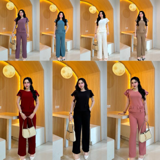 ชุดเซ็ตแขนกุหลาบแต่งโบว์คู่ กางเกงขายาว ผ้ายืดใส่สบาย(RR9)