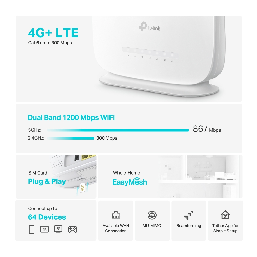 TP-Link เร้าเตอร์ใส่ซิม 4G+ Cat6 AC1200 Wireless Dual Band Gigabit Router รุ่น Archer MR505