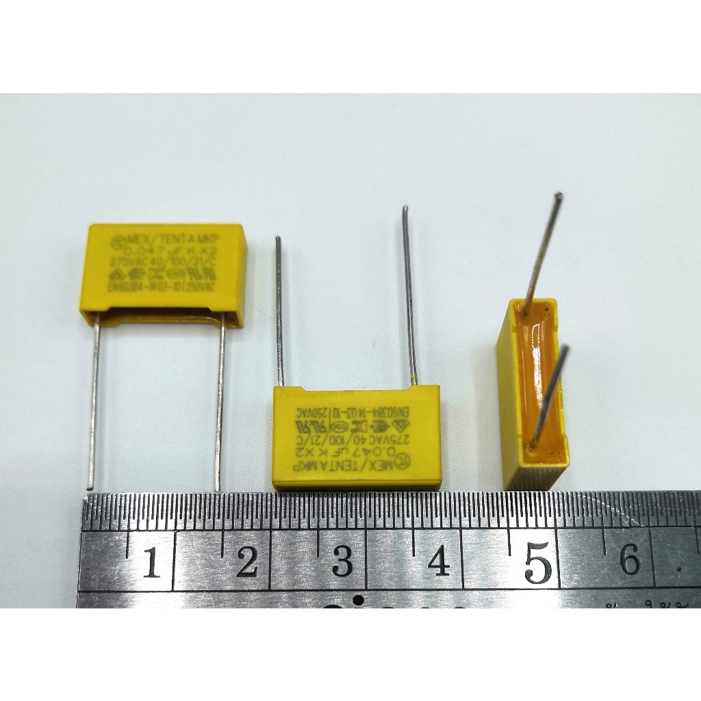 C.Capacitor ตัวเก็บประจุความปลอดภัย ขาห่าง 15 มม. 275VAC มีค่าให้เลือก 0.047uf, 0.1uf, 0.15uf, 0.22u