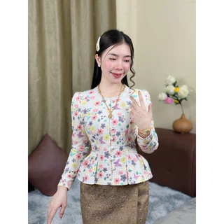 เสื้อลูกไม้เอวระบาย เนื้อคอตตอนแท้100% ใส่งานบุญ งานบวช ใส่ทำงาน ผู้หญิง