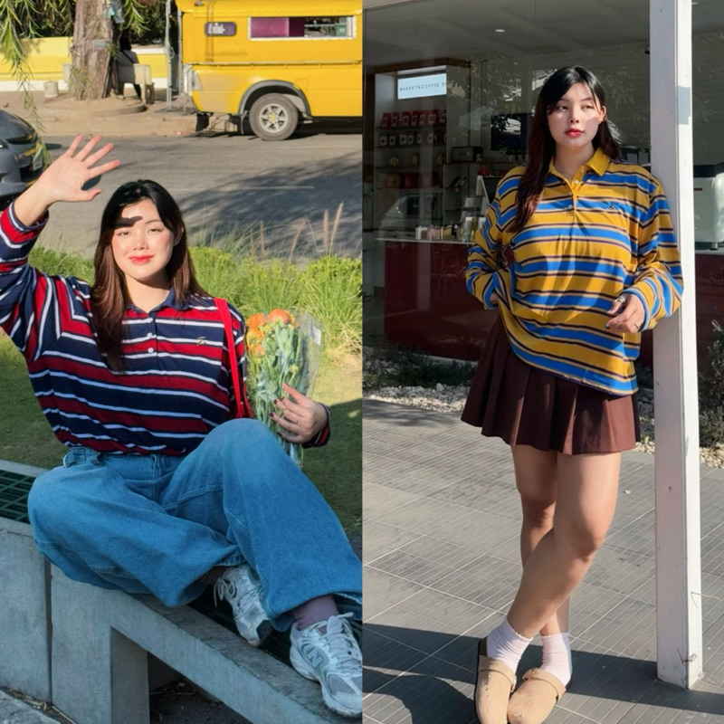 Rugby Polo Shirts 02 เสื้อโปโลแขนยาว ลายทาง ผ้าคอตตอน 100% ไซส์สาวอวบ