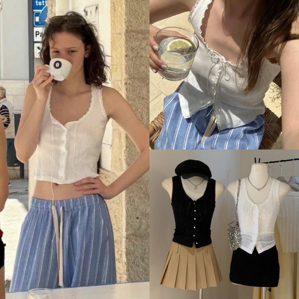 W3416 เสื้อสายเดี่ยว แต่งกระดุมและขอบลูกไม้ ทรงน่ารัก แฟชั่นเกาหลี TAG WG.WE