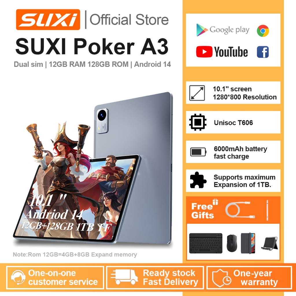 SUXI A3 Pro 10.1 นิ้ว 800 * 1280 หน้าจอ Unisoc T606 {12GB RAM + 128GB ROM} Smart Tablet Android 14 แท็บเล็ต 6000mAh COD
