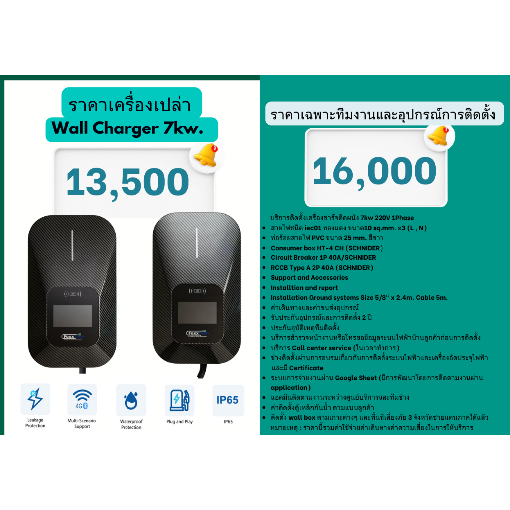 PACKAGE เครื่องชาร์จรถยนต์ไฟฟ้า EV Charger Foxx Tech เครื่องชาร์จแบบติดผนัง (Wall Charger 7kw.)