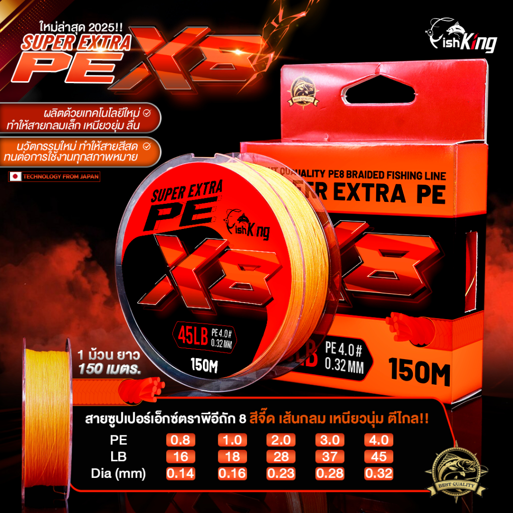 สายพีอีตกปลา แบรนด์ Fishking ถัก 8 SUPER EXTRA PE X8 ใหม่ล่าสุด2025 เส้นกลม เหนียว นุ่ม ตีไกล
