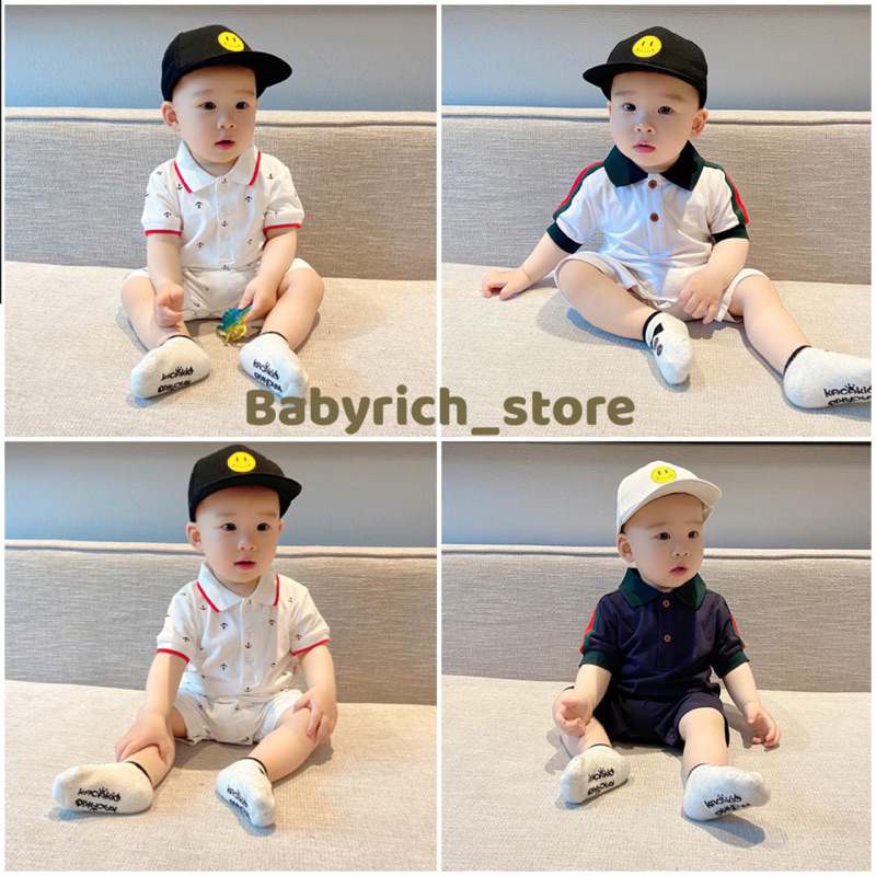มาใหม่!(6M-2Y) ชุดเด็กทารกหน้าร้อน ชุดเด็กชายแขนสั้น ชุดหล่อ ชุดเด็กอ่อน ชุดคอปกเด็กชาย เบบี้สูท รอมเปอร์ romper