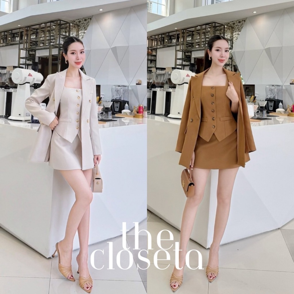 THE CLOSETA : (พร้อมส่ง) LV189 ชุดเซ็ท3ชิ้น เสื้อกั๊ก+กระโปรงสั้น+เสื้อสูทเข้าชุด