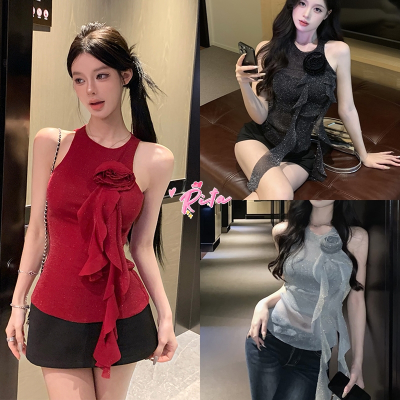 Rita พร้อมส่ง🍒เสื้อครอปcrop top🌺แฟชั่นผู้หญิง เสื้อแขนกุด ผ้าริบบิ้นถัก ลายดอกไม้ สามมิติ เสื้อกล้ามไหมพรม