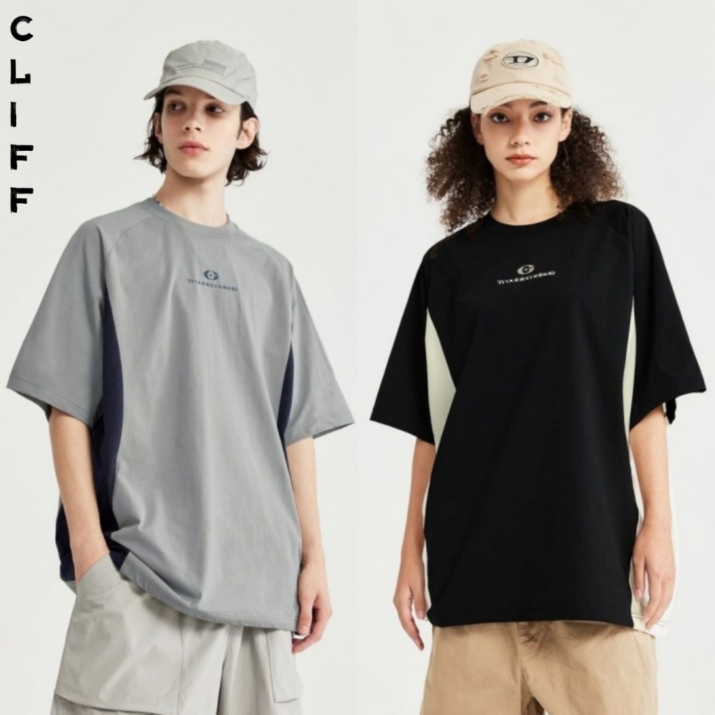 CLIFF เสื้อยืดคอกลม เสื้อผ้าแฟชั่นผู้ชาย เรียบง่าย สีต่อ เสื้อยืดผู้หญิง ชุดคู่รัก ผ้ายืด