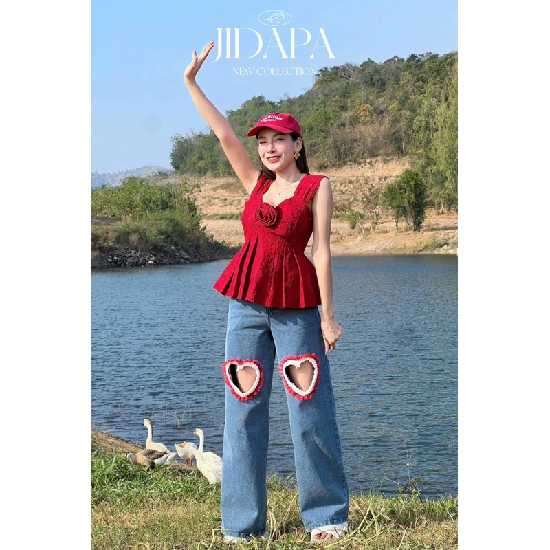 🏷️ JIDAPA STYLE พร้อมส่ง ✅ SIZE M ชุดเซ็ทยีนส์กุหลาบหัวใจแดง [ AA10M ]