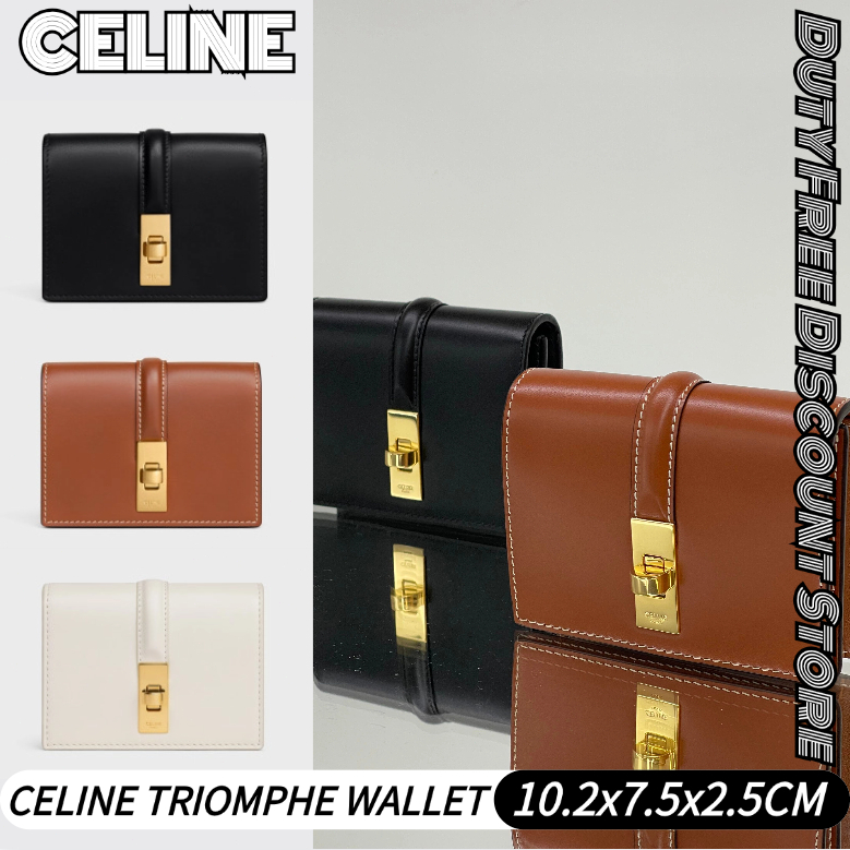 Celine TRIOMPHE Coin Purse เซลีน✨กระเป๋าใส่บัตรพร้อมฝาพับ TRIOMPHE หนังลูกวัวเคลือบเงา 10M473#