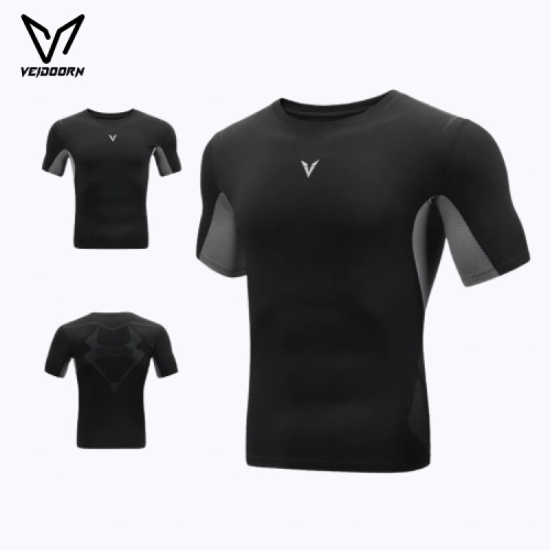 พร้อมส่ง ⚡️VEIDOORN เสื้อรัดกล้ามเนื้อ แขนสั้น สีดำ Cool Compression Shirt เสื้อแขนสั้น บอดี้ฟิต เสื้อรัดรูป Body fit