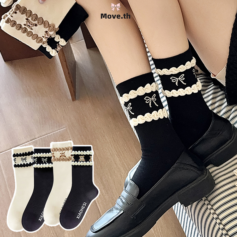 ในไทย-พร้อมส่ง ถุงเท้าประดับโบว์ ลูกไม้สามมิติ น่ารักหวาน สไตล์เกาหลี ละเอียดอ่อน นักเรียนสำหรับผู้หญิง ความยืดหยุ่นสูง-