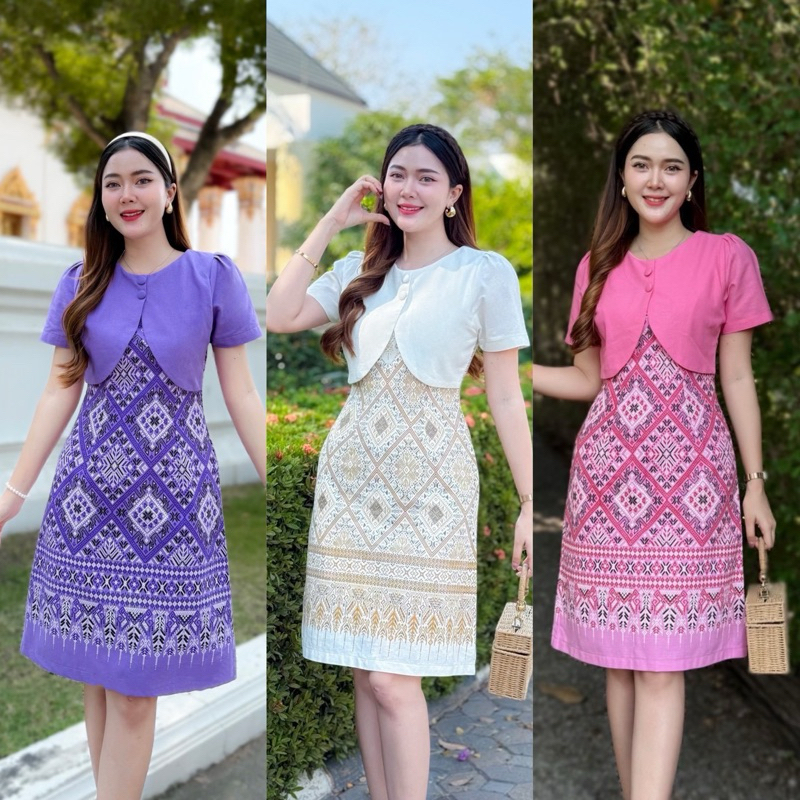 {{มีซับใน}} M-2XL เดรสผ้าฝ้ายพิมพ์ลายสีม่วง แต่งกั๊ก+กระดุม 2 เม็ด
