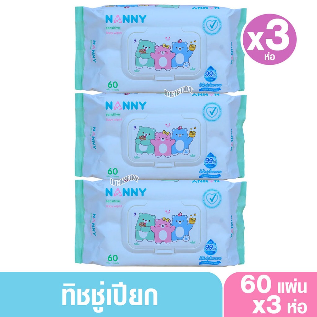 NANNY แนนนี่ ทิชชู่เปียก เบบี้ไวพส์แนนนี่ 60 ชิ้น สูตรน้ำบริสุทธิ์