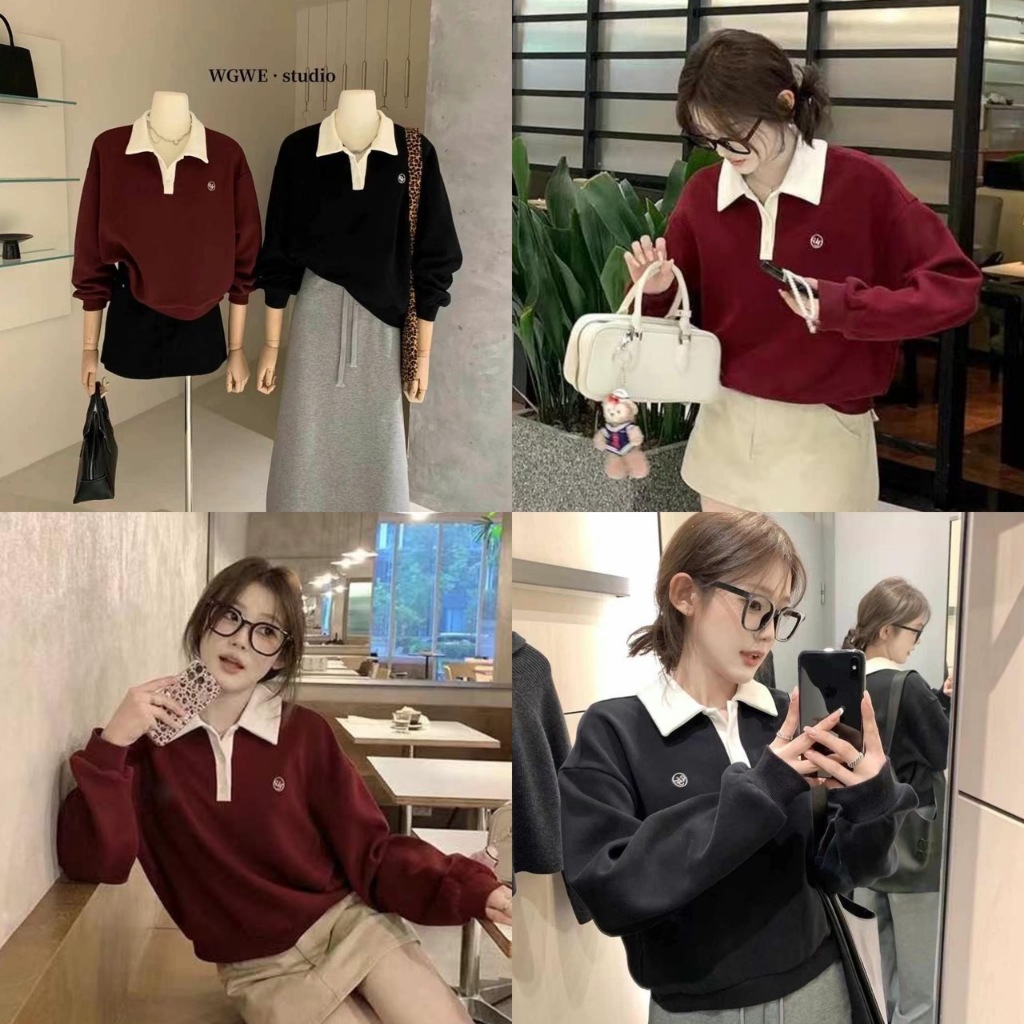 พร้อมส่งtag ป้ายwgweเสื้อแขนยาวโปโลแต่งปกสีขาว กระดุมแกะใช้งานได้จริง งานปักตรงอกซ้าย มีจั๊มปลายแขนเสื้อและจั๊มเอว 2776