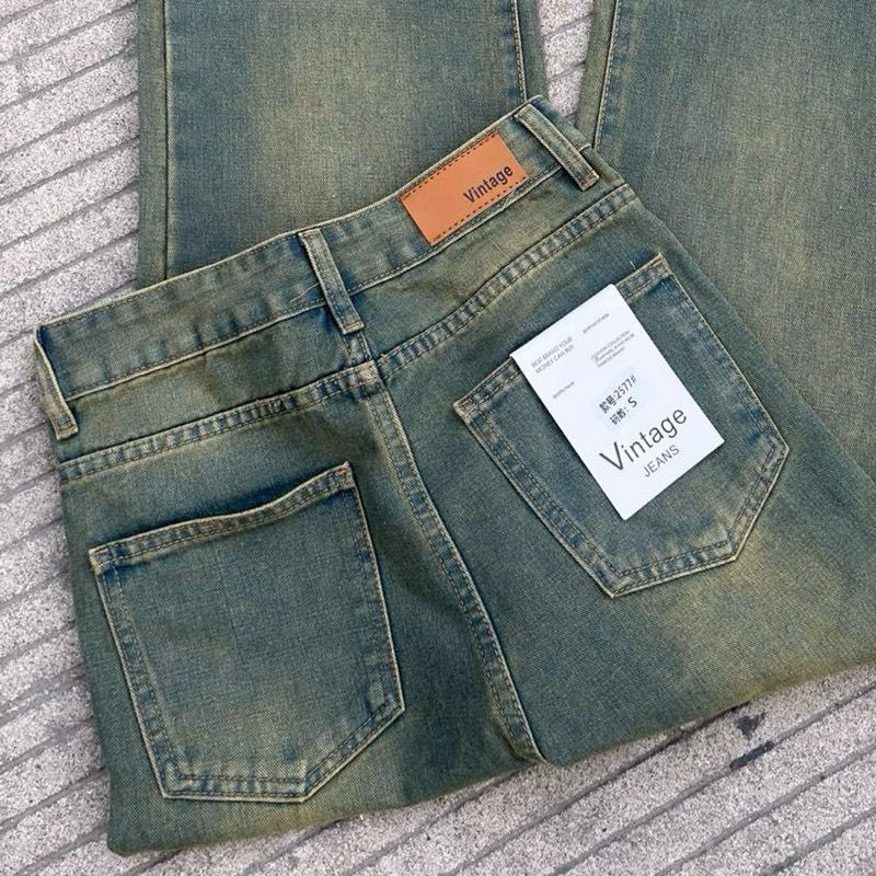 กางเกงยีนส์ป้ายVintage สีสนิมนัว ขากระบอกกลาง เอวสูง ผ้าไม่ยืด