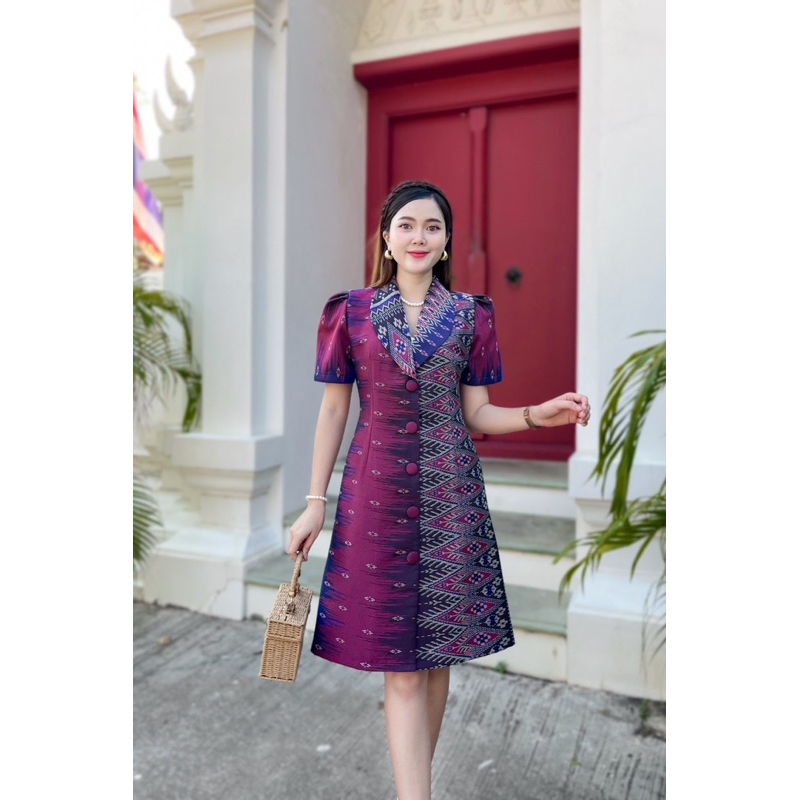 เดรสคอปกกระดุมหน้าจริง ผ้าฝ้ายทอลายอัดกาวทั้งชุด - รูปที่ 2