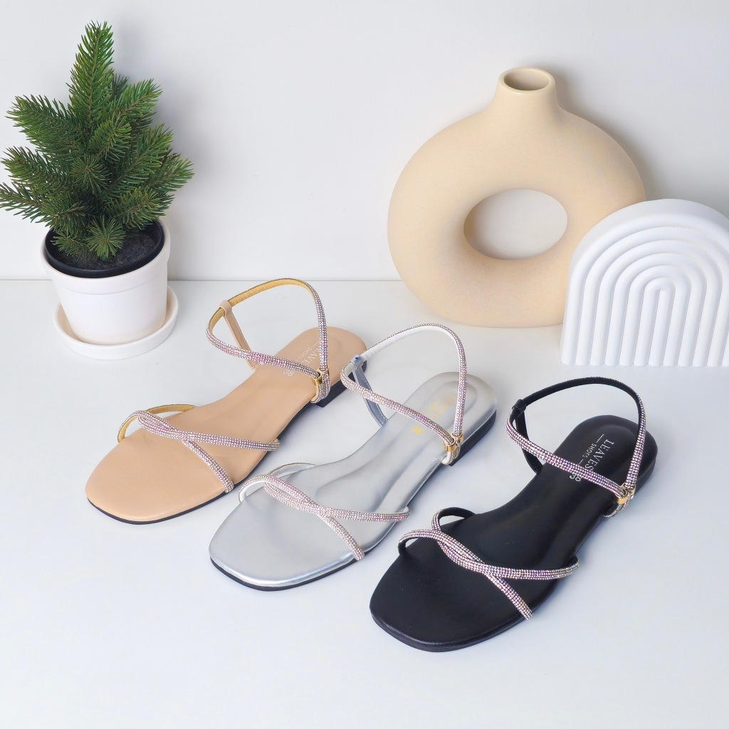Leaves Shoes รองเท้ารัดส้นเพชร รุ่น SPRING สีดำ นู้ด เงิน