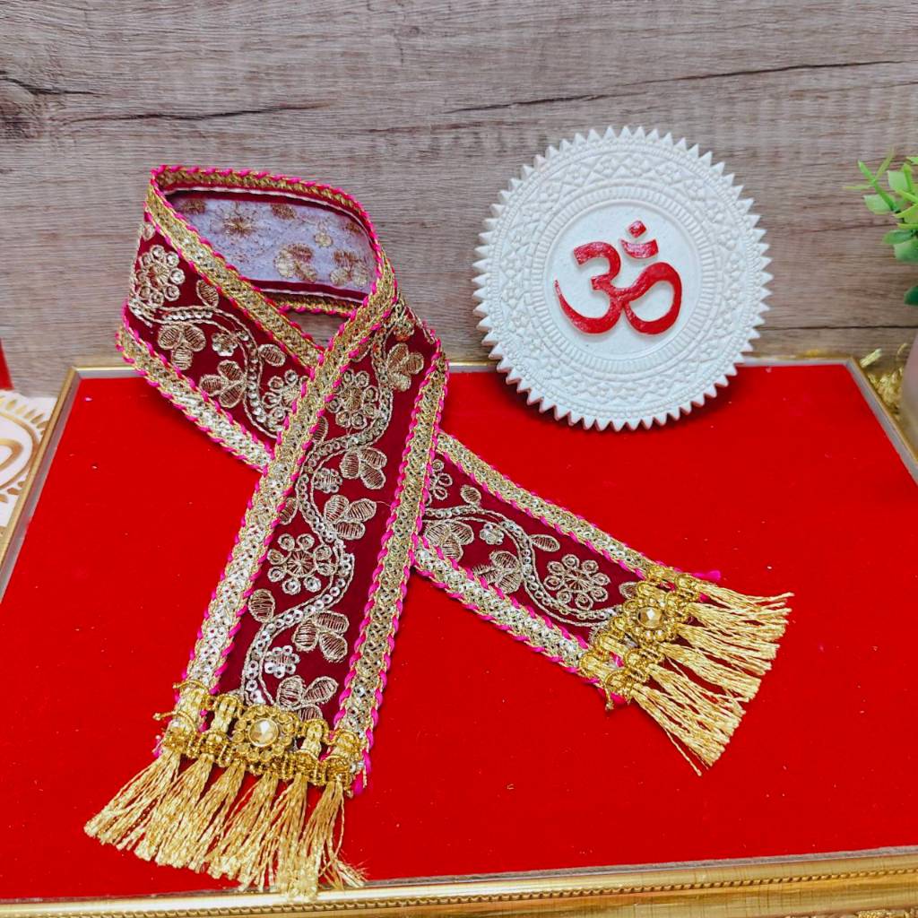 สไบปักสีบานเย็นชมพู ปักลายทองอลังการ กว้าง 4 ซม ยาว 40-100 ซม