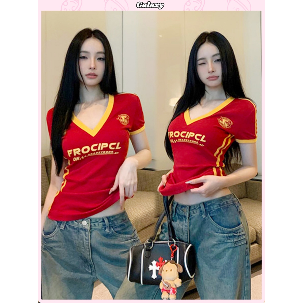 เสื้อครอปเเขนสั้น เสื้อยืดผู้หญิง คอกลม สีทูโทน ทรงสวย โชว์หุ่นต้องมี #020236