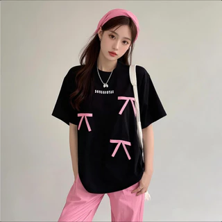 พร้อมส่ง 🎀 เสื้อยืด oversize เสื้อยืดแขนสั้นแฟชั่นผู้หญิง พิมพ์ลายโบว์ลำลองทรงหลวม สไตล์เกาหลี