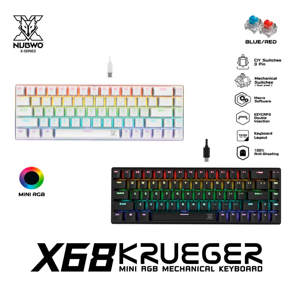 NUBWO X68 KRURGER MECHANICALKeyboard MINI RGB ไฟทะลุ ไทย/Eng เปลี่ยนสวิทซ์ได้ >>รับประกัน 2ปี ส่งฟรี