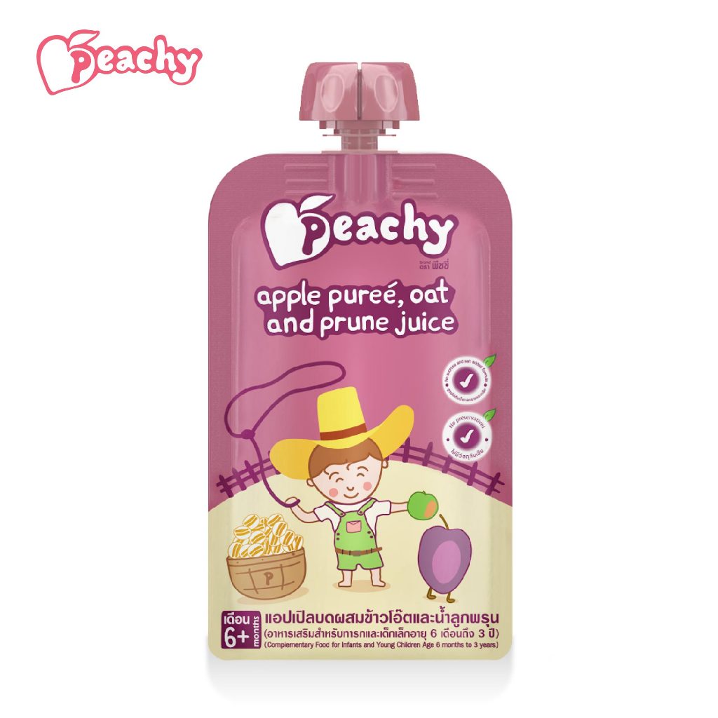 Peachy อาหารเสริมสำหรับเด็ก รสแอปเปิลบดผสมข้าวโอ๊ตและน้ำลูกพรุน 1 ถุง (R20)