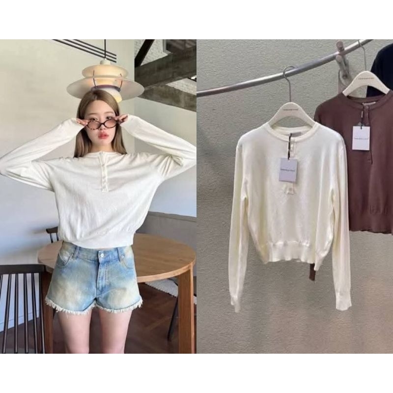 เสื้อยืดคอกลมแขนยาว กระดุมครึ่งตัว กระดุมถอดได้ ทรงเกาหลีสุดๆ จิ้มปลายแขนและเอว งานทออย่างดี พลาดไม่ได้จริงๆ