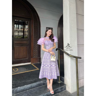 🚩ร้านโค้ดคุ้ม🚩 ABIGAIL เดรสพิมพ์ลายไทย แต่งลูกไม้ แขนระบายชั้น ใส่ออกงานบุญ งานบวช แฟนนาค