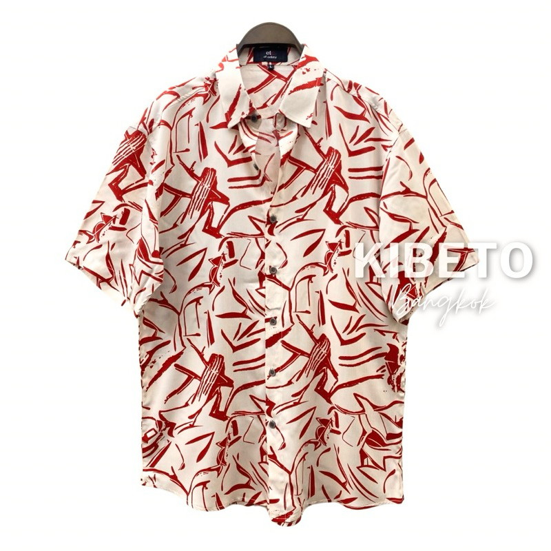 Kibeto เสื้อฮาวาย ลายกราฟฟิค สีครีมแดง ผ้าสปันเรยอน เนื้อนิ่ม ใส่สบาย M L XL 2XL 3XL