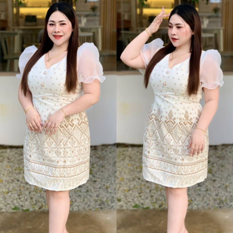 ชุดเดรสผ้าไทยประยุกต์พิมลายไทยใส่ได้ทุกโอกาสงานบุญงานบวชทอดกฐินงานพิธีการ สาวอวบ