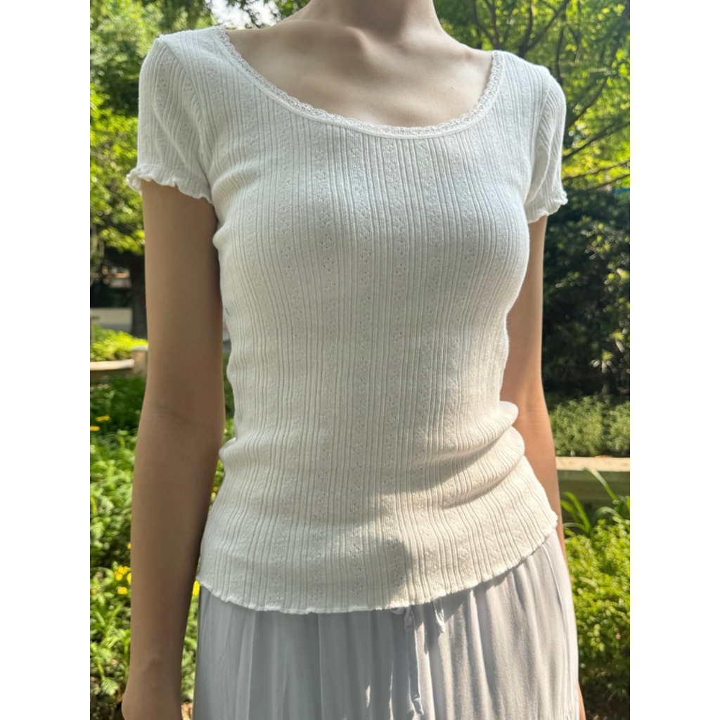 (พร้อมส่ง) BrandyMelville Zelly Eyelet Top เสื้อยืด เสื้อแขนสั้น ของแท้จากช็อป