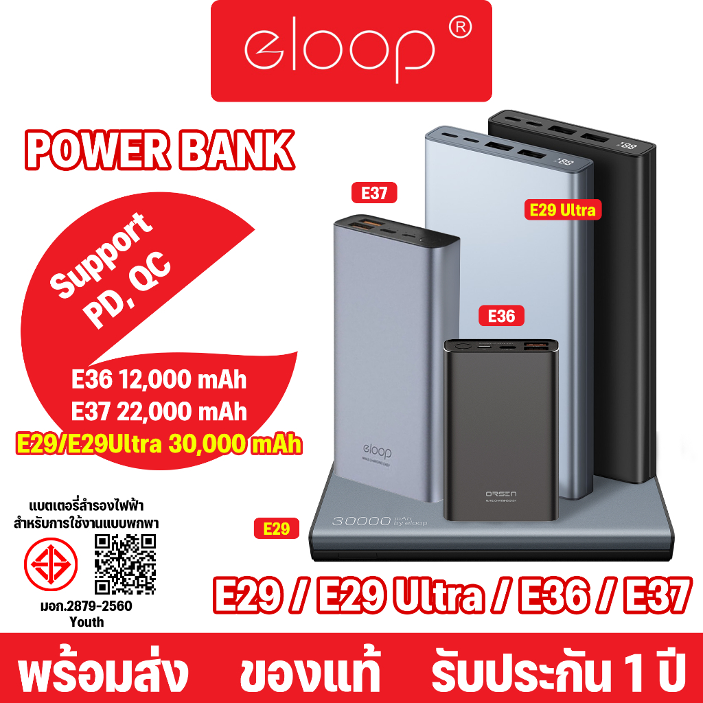 Eloop By Orsen E36 E37 E29 E29Ultra Power Bank 12000-30000mAh Quick Charge รองรับQC3.0 & PD แบตสำรอง
