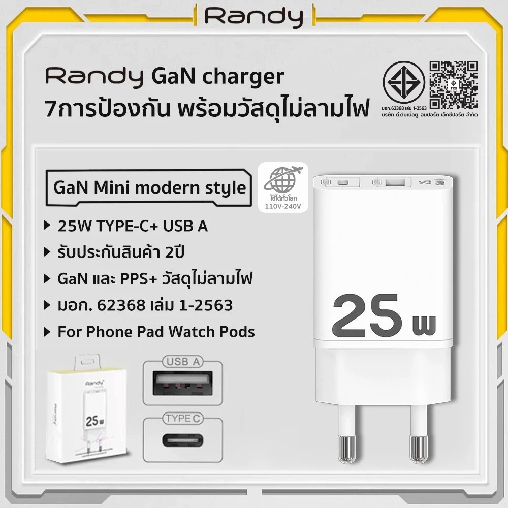 Randy หัวชาร์จ GaN 25W FastCharger เหมาะสำหรับชาร์จ MINIแท็บเล็ต เกมคอนโซล powerbank มือถือ หูฟังไร้สายและนาฬิกาอัจฉริยะ