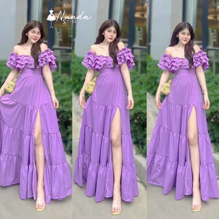 Maxi Dress เปิดไหล่ระบายแขน ผ้าไหมอิตาลี่ กระโปรงผ่าหน้า