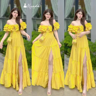 Maxi Dress เปิดไหล่ระบายแขน ผ้าไหมอิตาลี่ กระโปรงผ่าหน้า